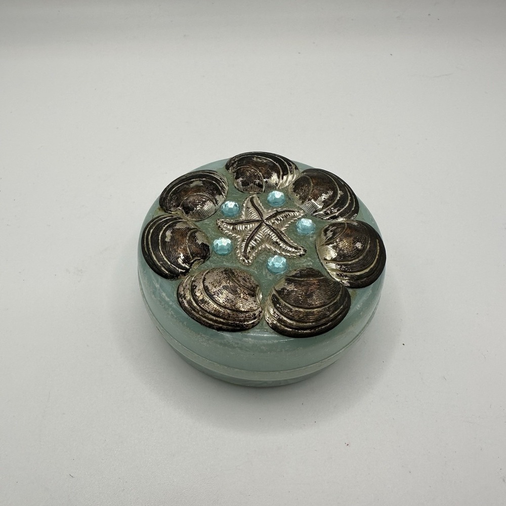 VTG Marbled Blue Collapsible Folding Cup & Pill Box Seashell Starfish Rinestones